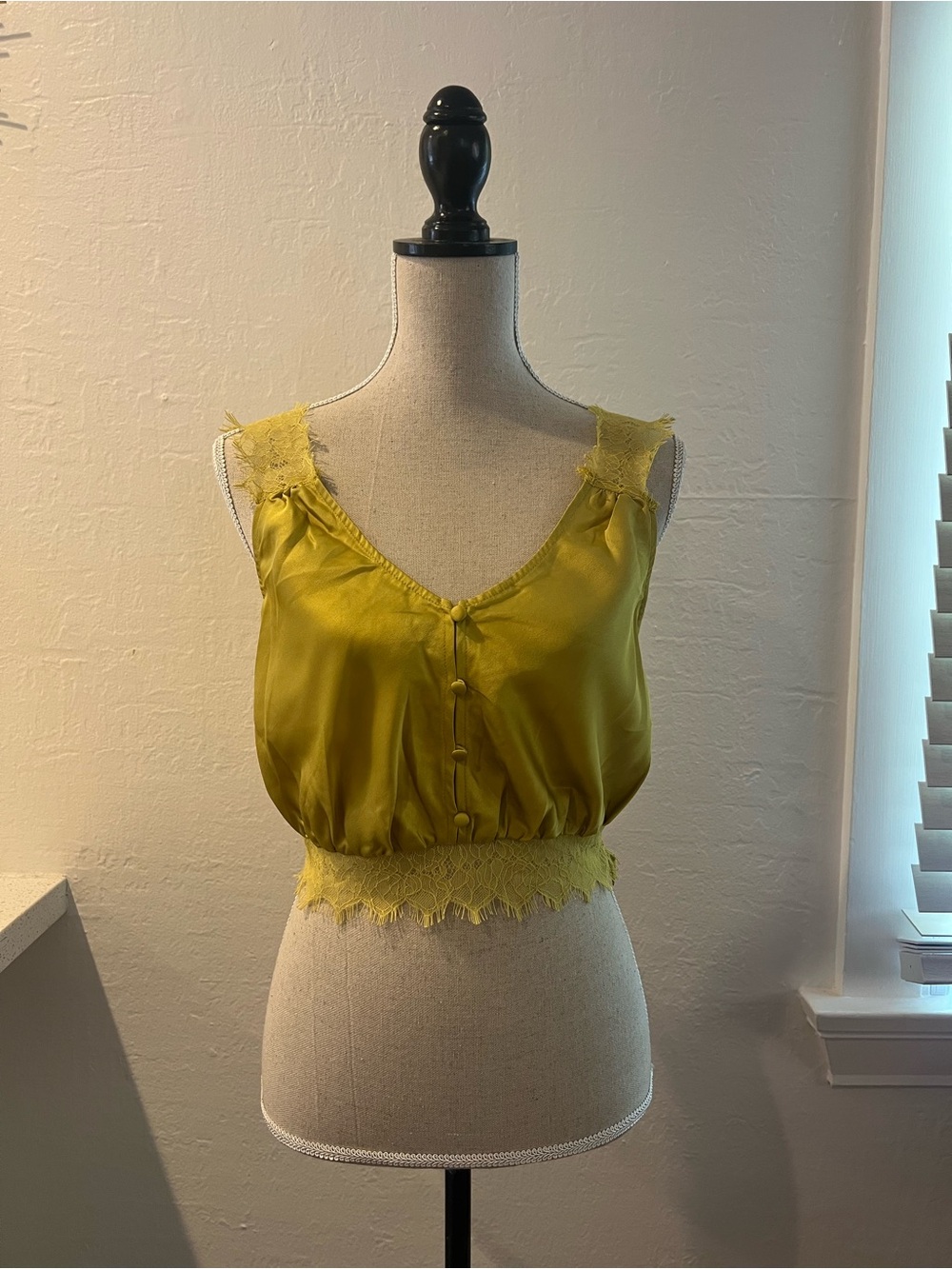 Lush Mustard Yellow Lace-Trim Satin Crop Top